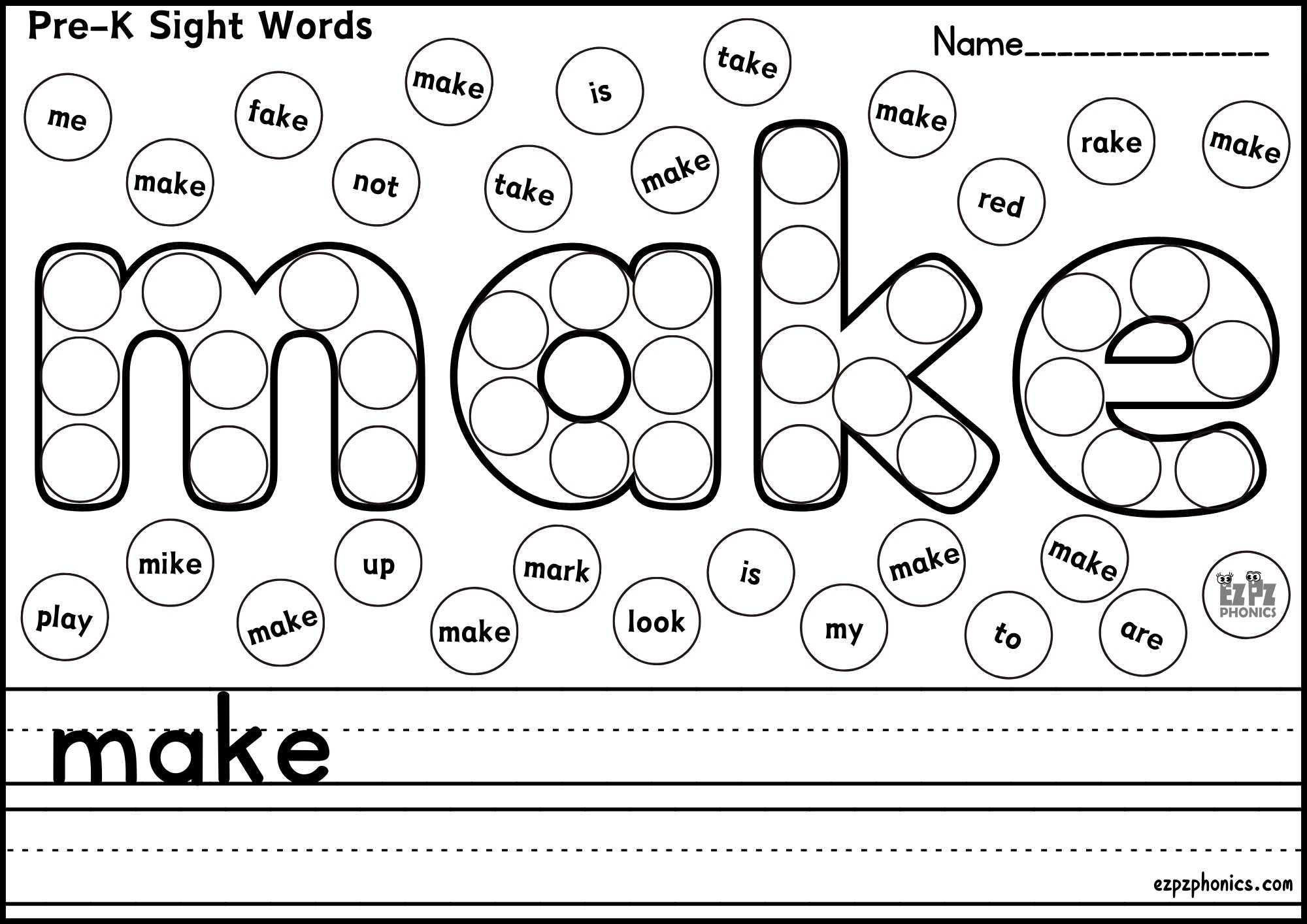 "Make" Dolch Sight Word Dab & Write Worksheet – Fun Sight Words Practice! Free PDF Download